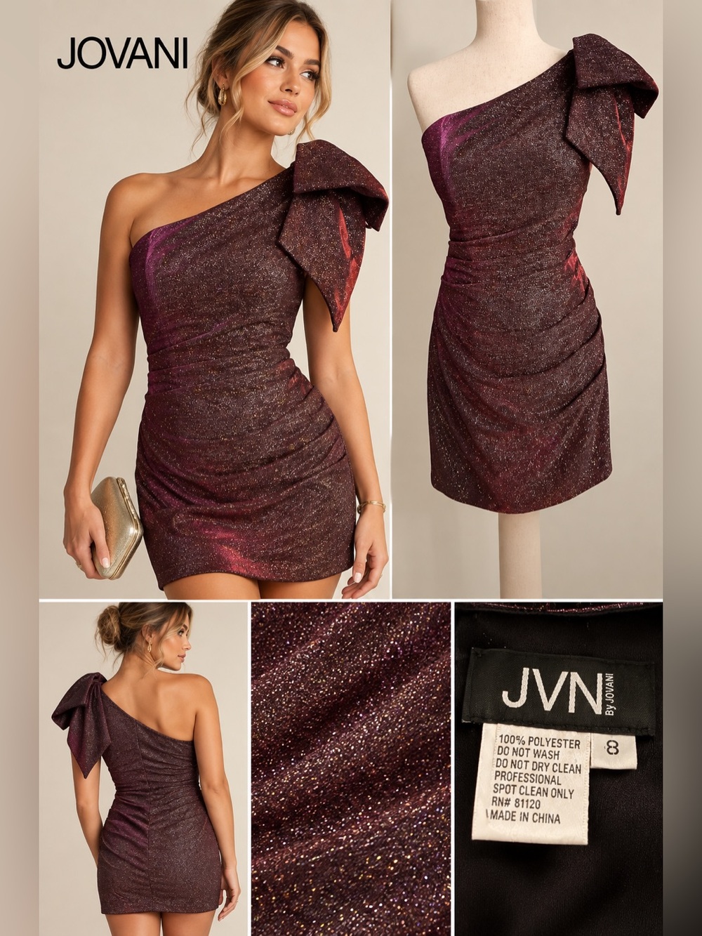 Jovani Burgundy Metallic One-Shoulder Bow Cocktail Dress Size 8